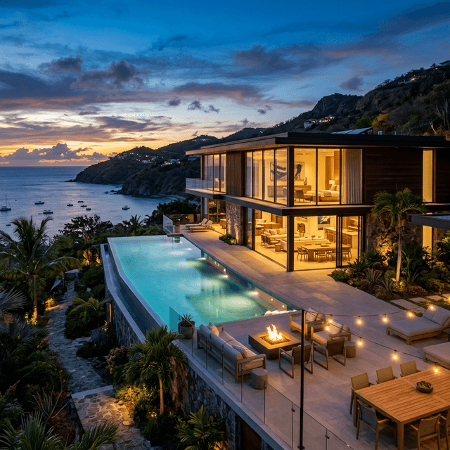 Modern luxury vacation rental property at dusk in Florida